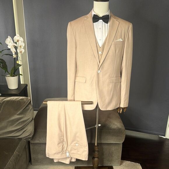 Men's Tan 3 Piece Formal Prom Suit One Button Notched Lapel 42 Jacket 38 Pants